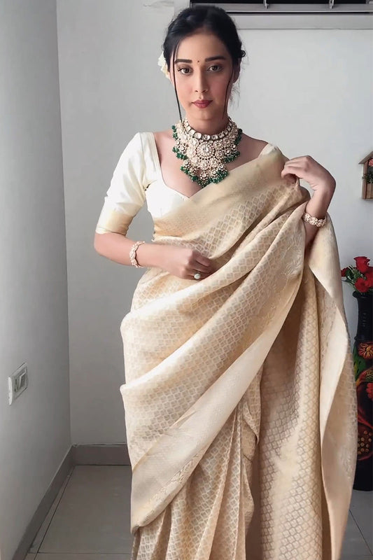 Lassitude 1-Minute Ready To Wear Beige Kanjivaram Silk Saree - thelotusfab