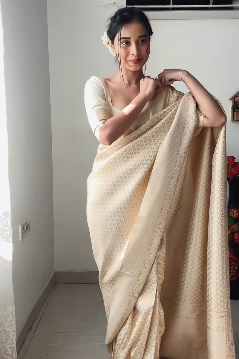 Lassitude 1-Minute Ready To Wear Beige Kanjivaram Silk Saree - thelotusfab