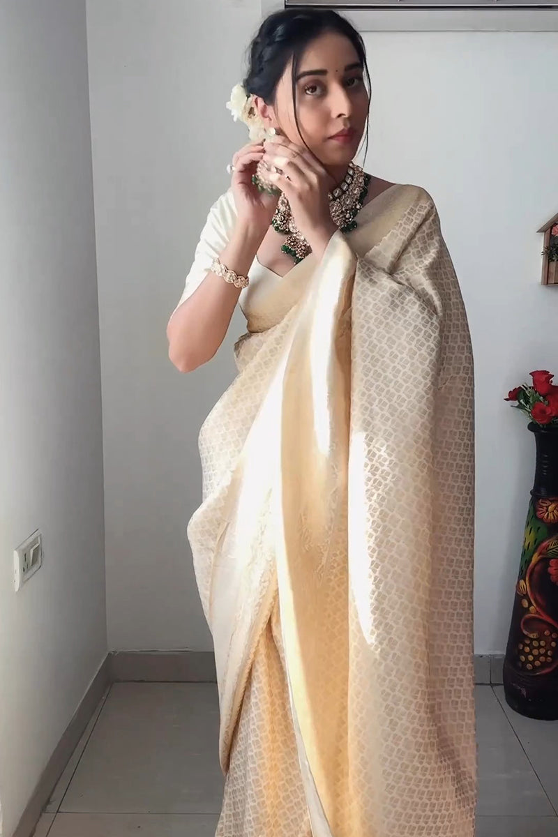 Lassitude 1-Minute Ready To Wear Beige Kanjivaram Silk Saree - thelotusfab