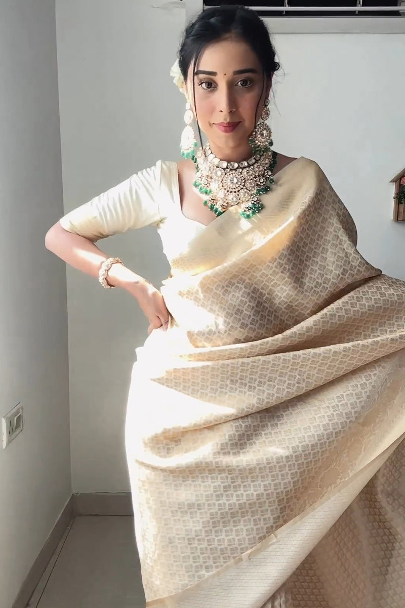 Lassitude 1-Minute Ready To Wear Beige Kanjivaram Silk Saree - thelotusfab