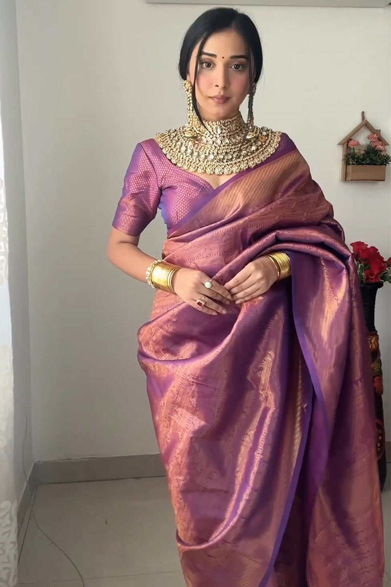 Quintessential 1-Minute Ready To Wear Purple Kanjivaram Silk Saree - thelotusfab