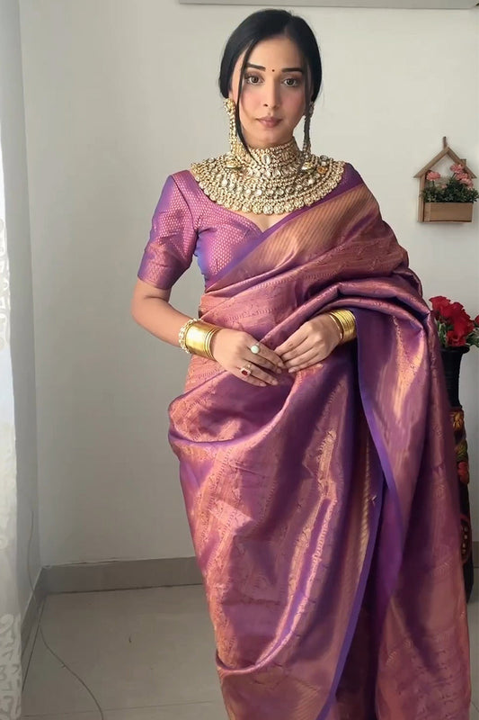 Quintessential 1-Minute Ready To Wear Purple Kanjivaram Silk Saree - thelotusfab