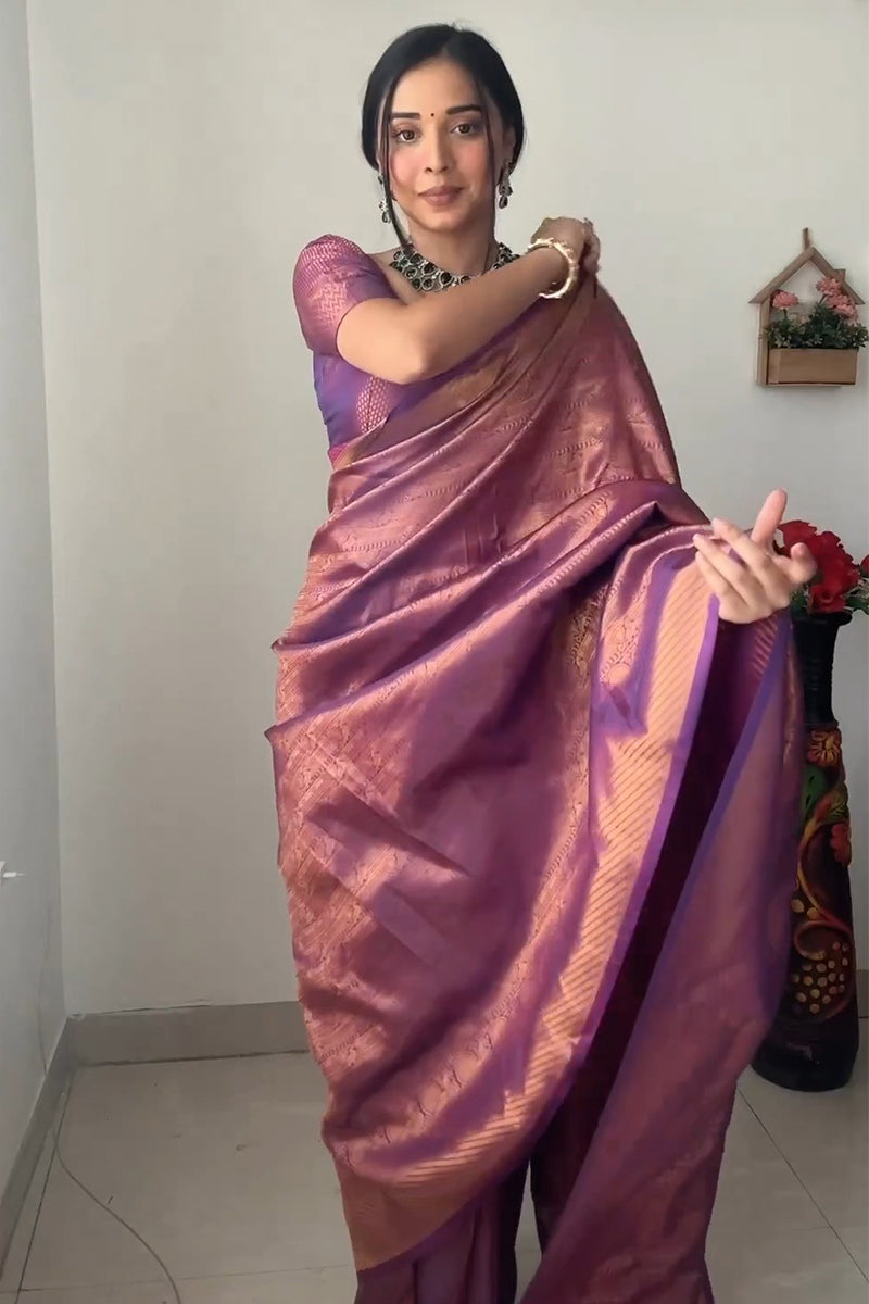 Quintessential 1-Minute Ready To Wear Purple Kanjivaram Silk Saree - thelotusfab