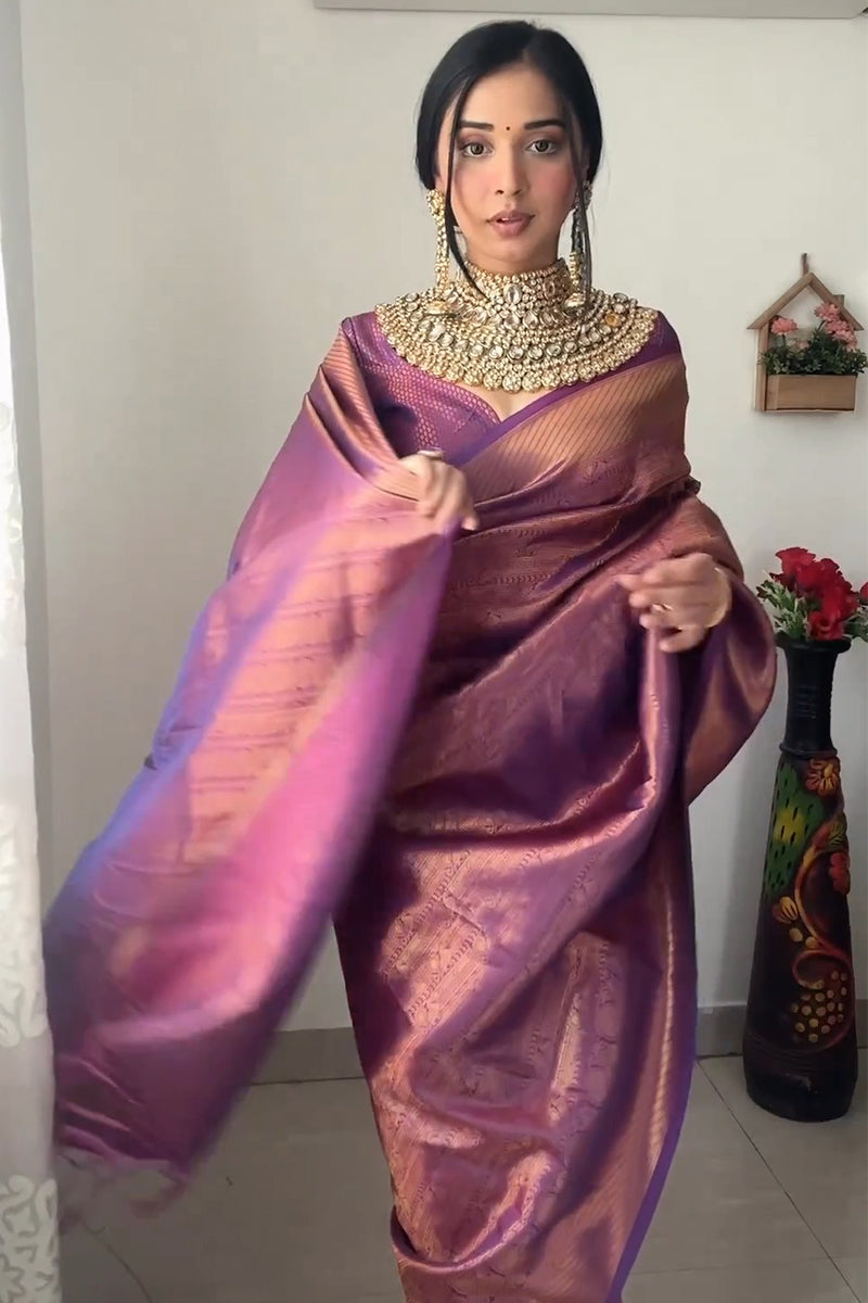 Quintessential 1-Minute Ready To Wear Purple Kanjivaram Silk Saree - thelotusfab