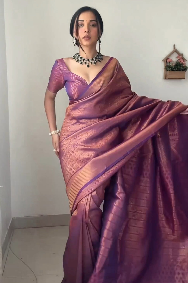 Quintessential 1-Minute Ready To Wear Purple Kanjivaram Silk Saree - thelotusfab