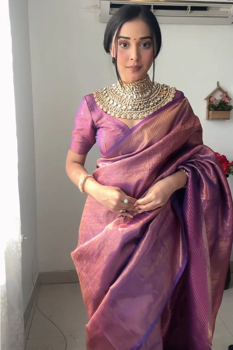 Quintessential 1-Minute Ready To Wear Purple Kanjivaram Silk Saree - thelotusfab