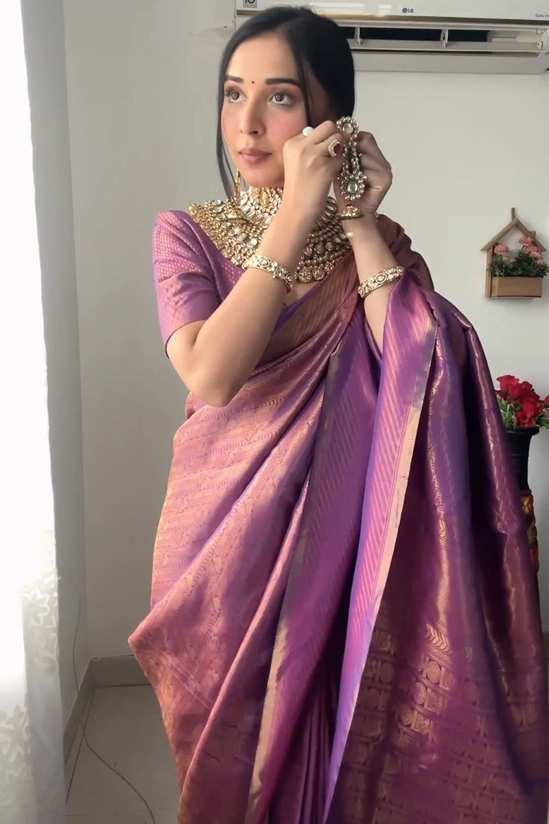 Quintessential 1-Minute Ready To Wear Purple Kanjivaram Silk Saree - thelotusfab